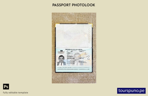 Plantilla de aspecto fotográfico lista para imprimir pasaporte de Colombia (pres
